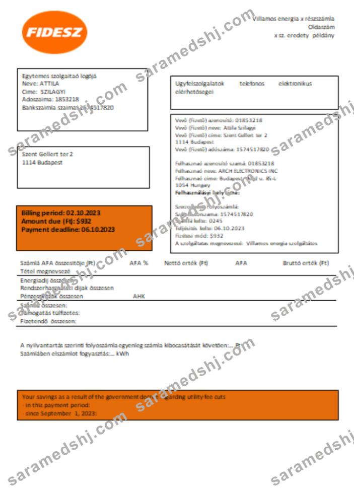FIDESZ easy to fill utility business bill,  SCR